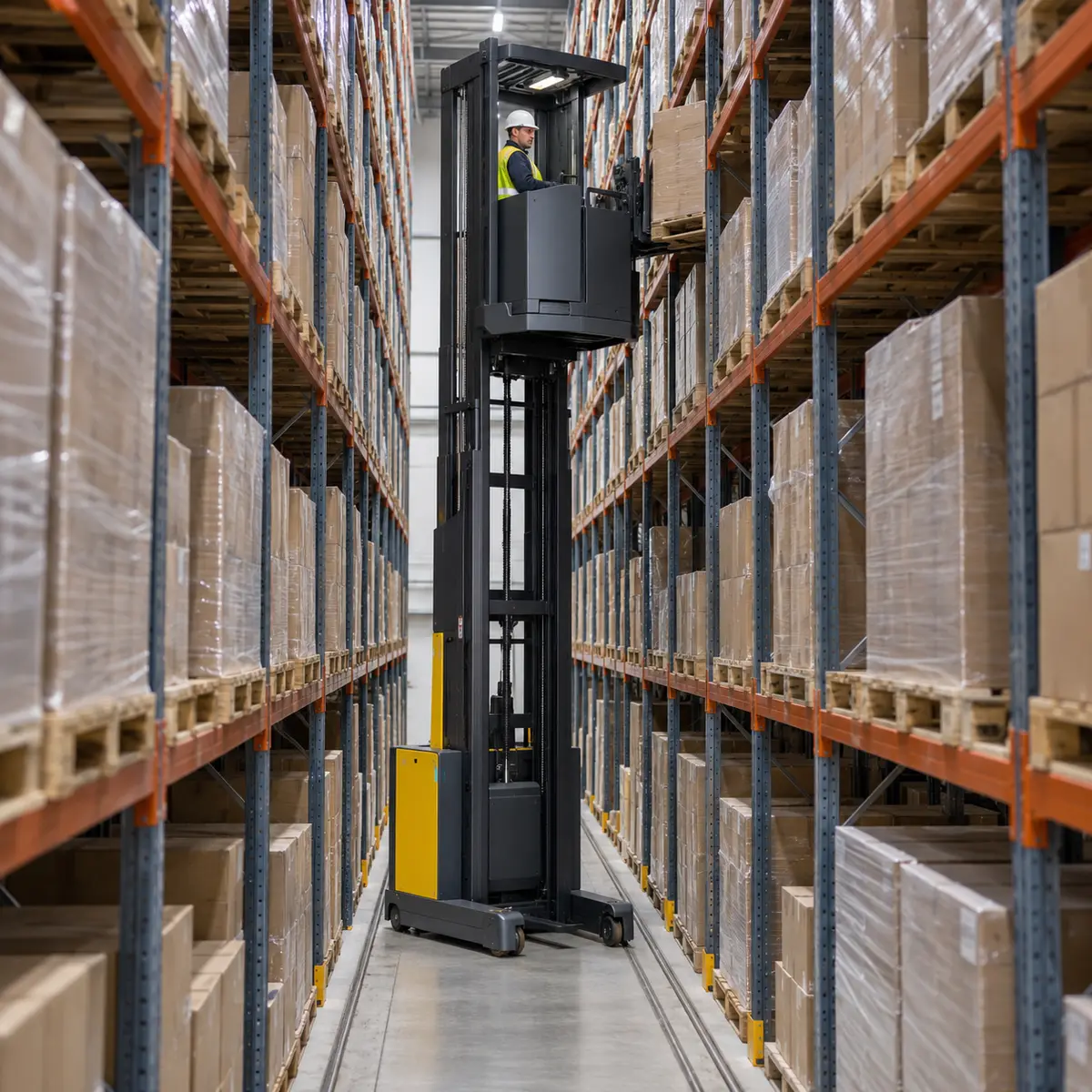 Operator-up VNA truck between tall warehouse racks