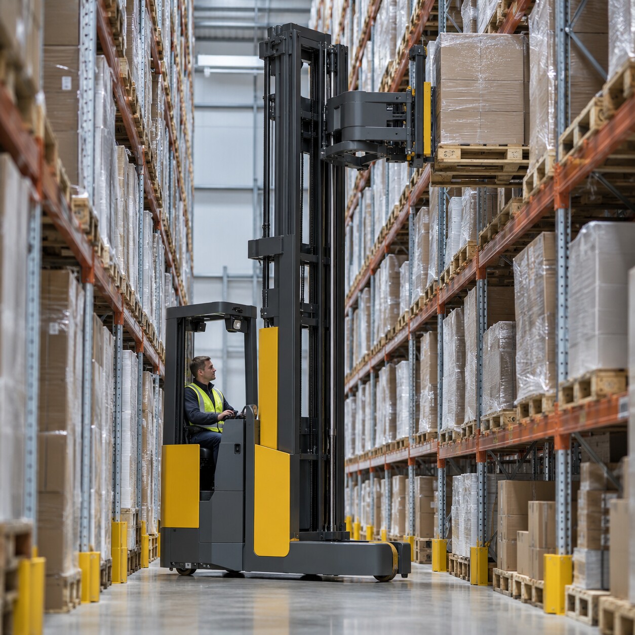 F2 VNA man-down forklift training in very narrow aisle warehouse racking