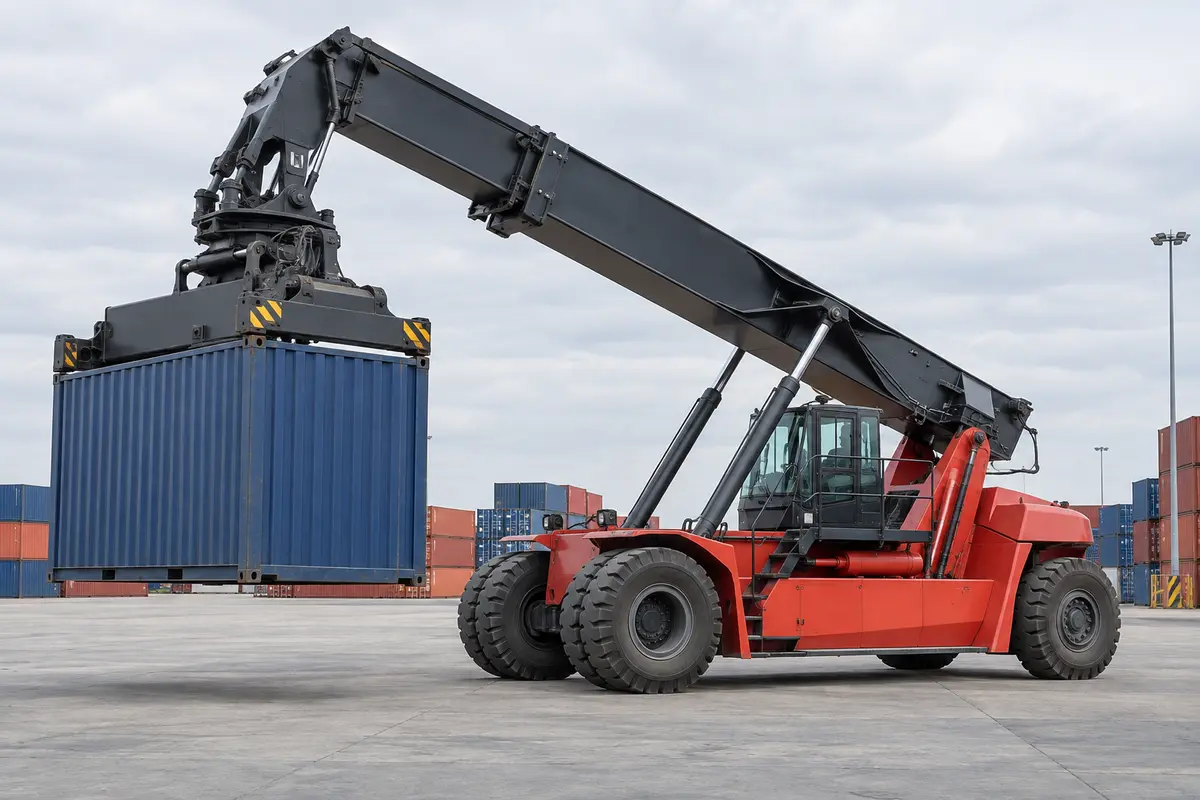Reach stacker lifting a blue shipping container in a container yard