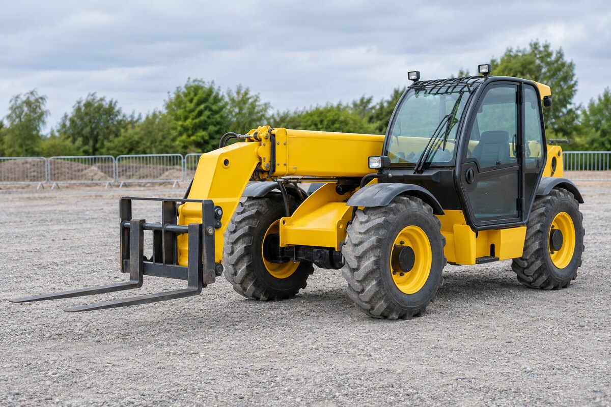 Yellow rough-terrain telehandler with its boom lowered and forks fitted