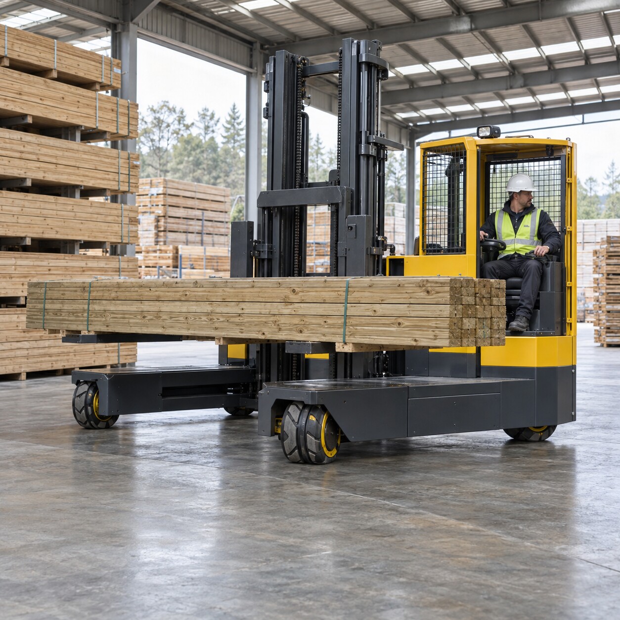 Multidirectional sideloader carrying a timber load beside storage racks